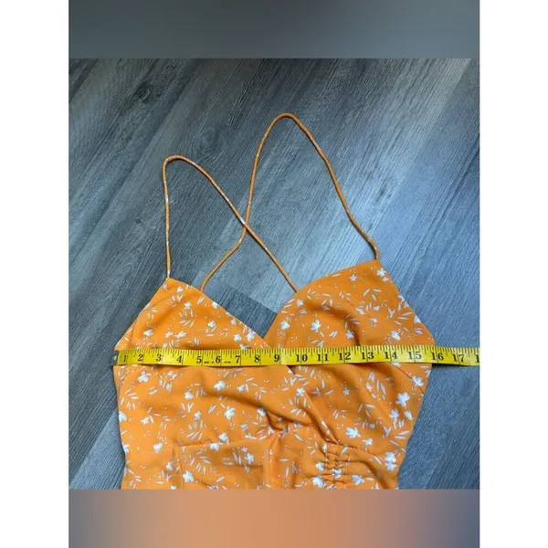 Endless Blu Ruched Midi Dress Bodycon Leg Slit Orange Floral - Image 8