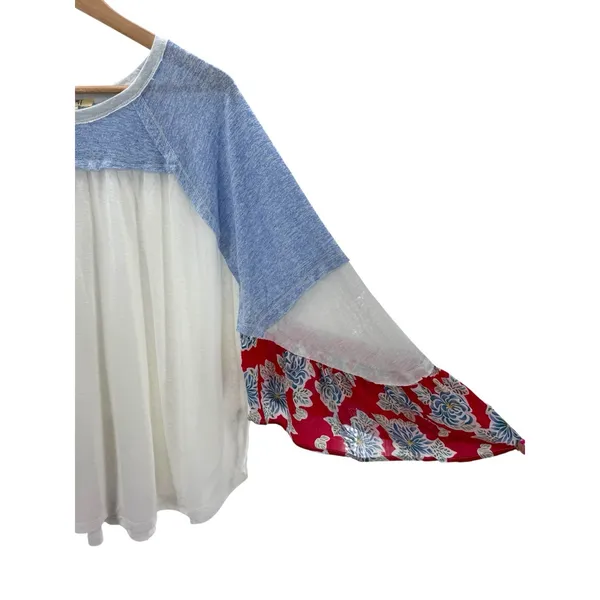 Kori America Colorblock Boho Top Blue‎ White Floral Patchwork Sleeves L - Image 2