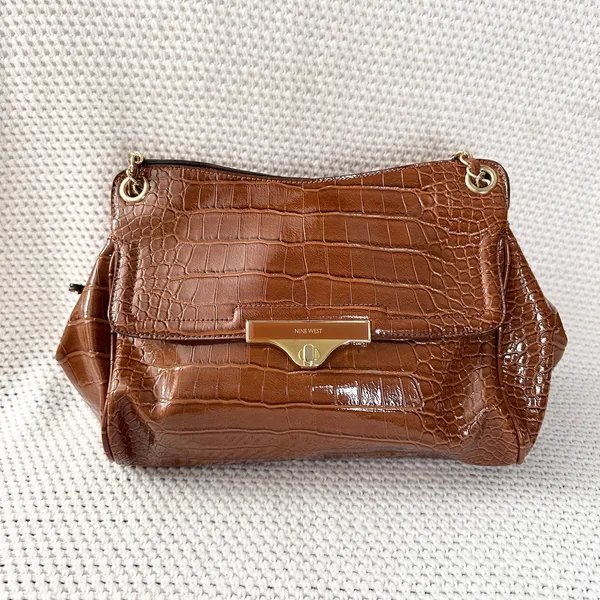 Nine West Cognac Brown Croc Embossed Textured Gold Chain Link Shoulder Bag Glam - Image 7