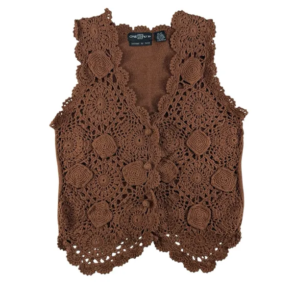 Vintage Hand Knitted OS Crochet Vest Boho‎ Cottage 90s Y2K Brown Earthy Hippie - Image 2