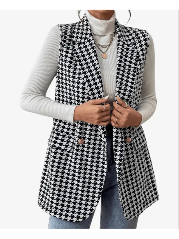 NEW Houndstooth Lapel Button Front Blazer Sleeveless Long Vest M Black Size M - Image 3