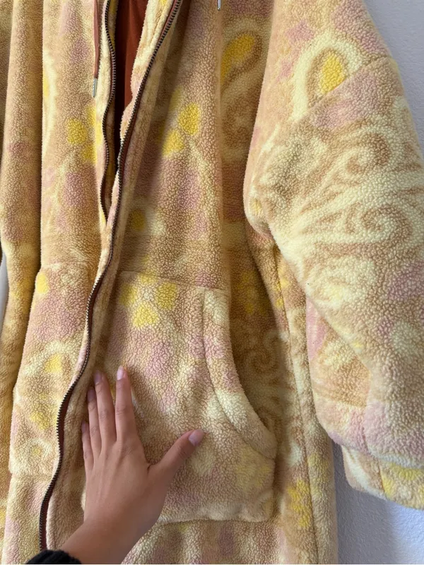 Free People Hooded Sherpa Jacket in Rust and Cream with Yellow Accents - Image 6