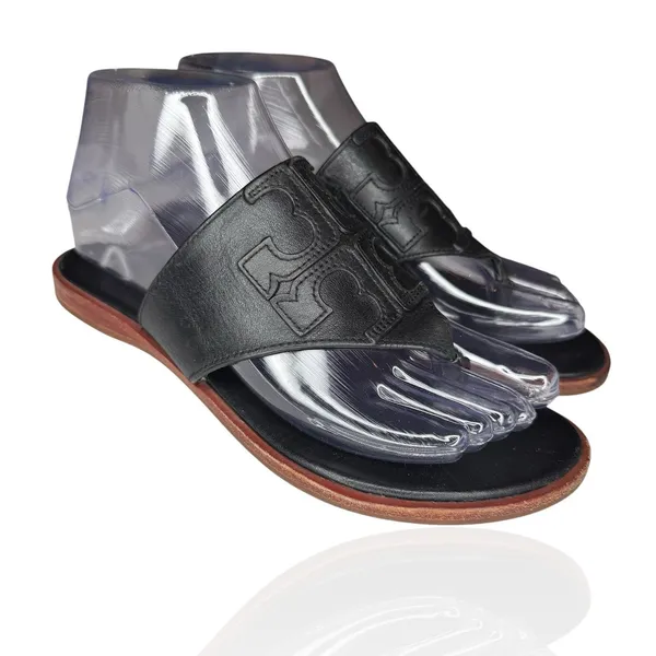 Tory Burch Jamie Size 6.5 Full Logo Thong Sandals‎ Black Leather S/N 48275 - Image 3