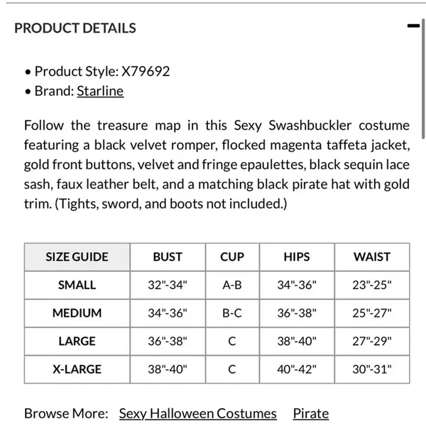 NEW Starline Sexy Swashbuckler Pirate Costume Size Small - Image 8