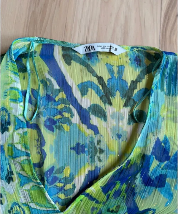 Zara Blue-Green Floral V-Neck Mini Dress - Image 3
