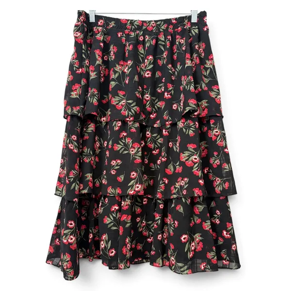 Draper James RSVP Black Red Floral Tiered Midi Skirt Elastic Waist Large L - Image 4