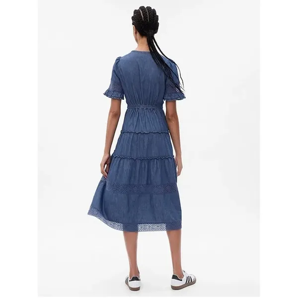 Gap × LoveShackFancy Denim Tiered Midi Dress with lace and ruffle detail sz. S - Image 4