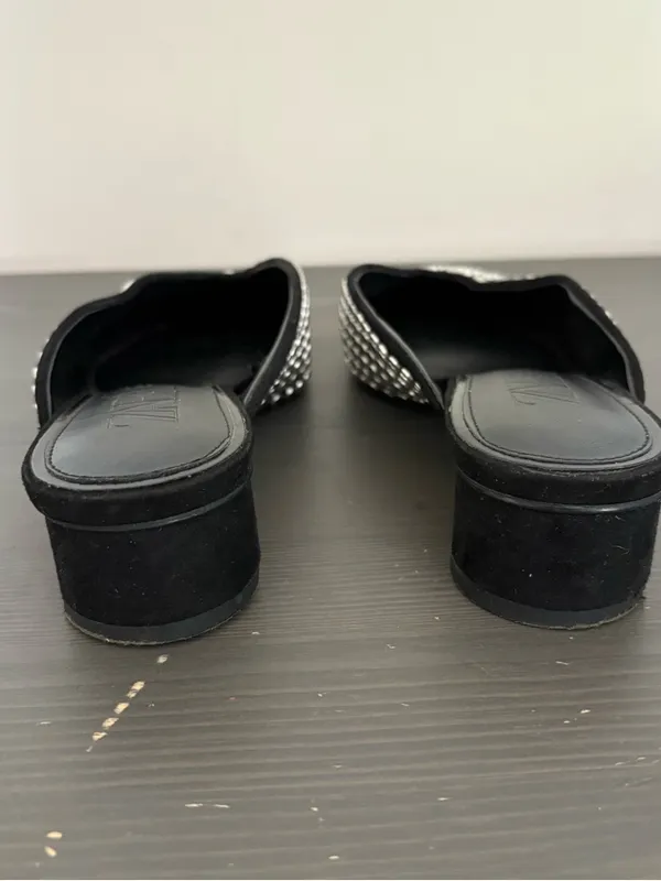 ZARA Black Studded Mules Size 37 Pointed Toe Kitten Heel Slip On Flats Chic - Image 7