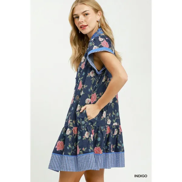 Umgee Floral Contrast Trim Ruffle Hem Mini Dress - Indigo - Small - Image 2