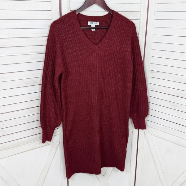 Nine West Metallic‎ Shimmer Knit Balloon Sleeve Sweater Dress Burgundy Red Small - Image 7