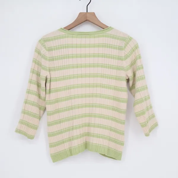 First Issue Sweater Womens Small Henley V-Neck Green Striped Ribbed Good - Image 4