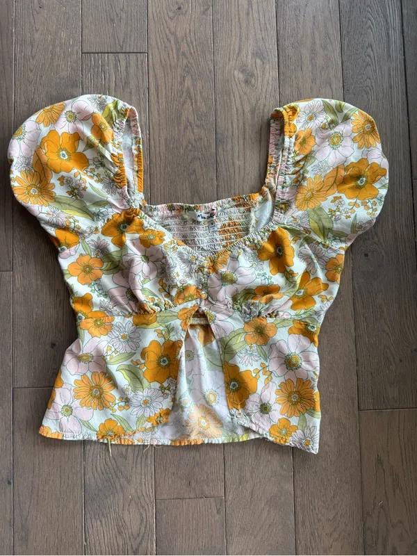 Floral Puff-Sleeve Crop Top - Orange & Pink - Image 3