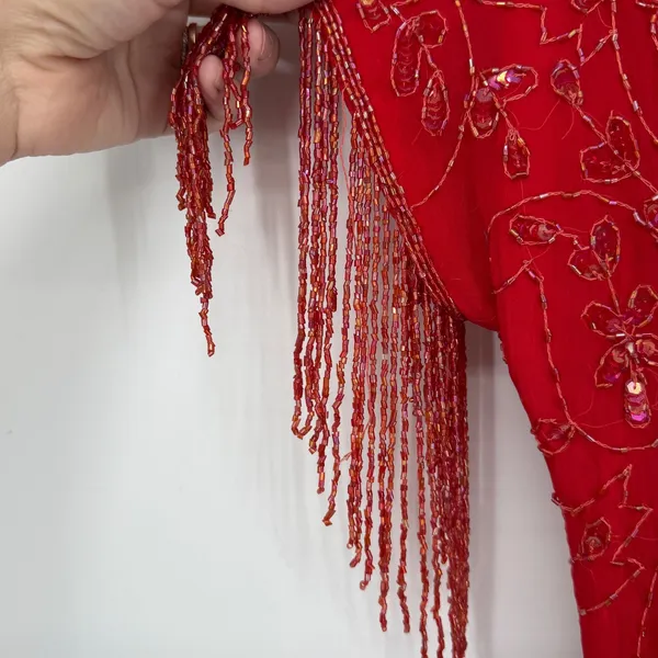 Vintage Red 100% Silk Beaded‎ Sequin Fringe Flapper Cocktail Dress - Image 6