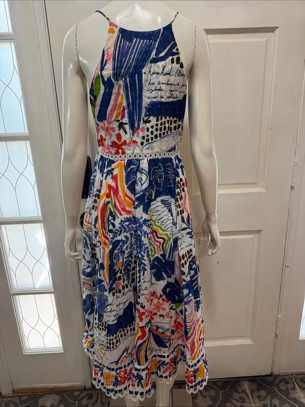 Farm Rio Cotton Floral Print Maxi Dress Eyelet Midi Fit Flare Dress Size XSmall - Image 10