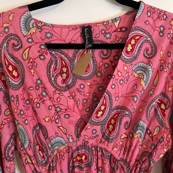 Sacred Threads Cotton Paisley Pink Women's Empire Waist Flair Sleeve Dress S Med - Image 2