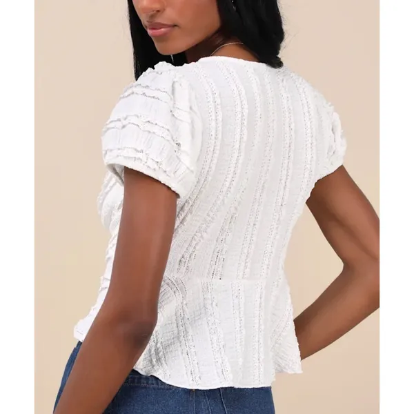NWT Lulus Size Medium Estela Ivory‎ Ruffled Puff Sleeve Peplum Crop Top White - Image 2