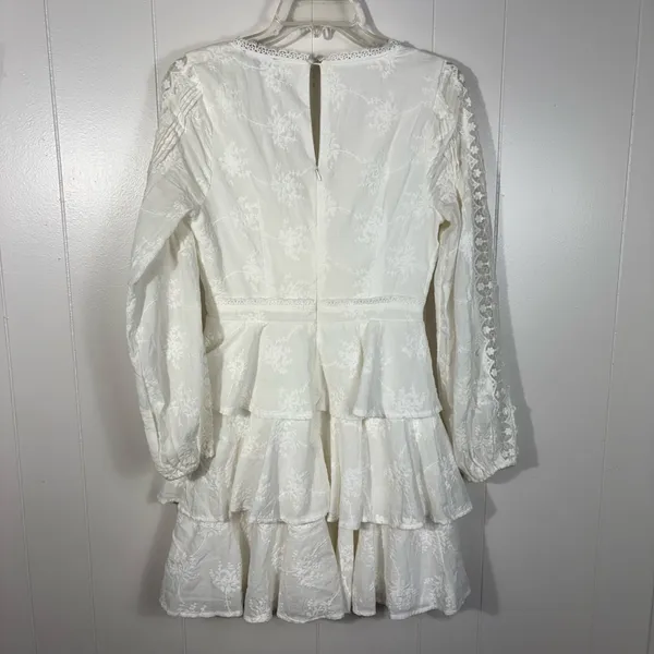 Lulus White Eyelet Lace Long Sleeve Ruffle Skirt Plunge Neckline Dress Bridal S - Image 5