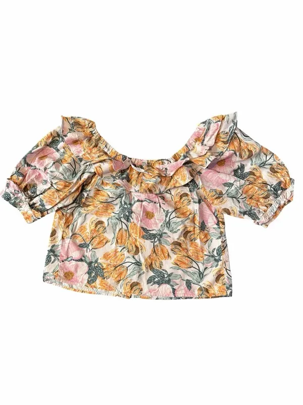Cecilia Pettersson Anthropologie M Pink Floral Ruffle Off The Shoulder Puff Sle - Image 3