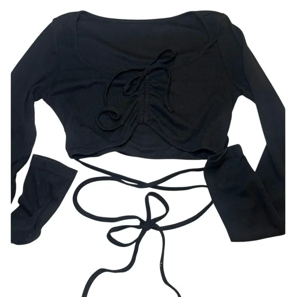 Ruched Bust Wrap Tie Long Sleeve Crop Top Black Medium Y2K Coquette Balletcore - Image 2