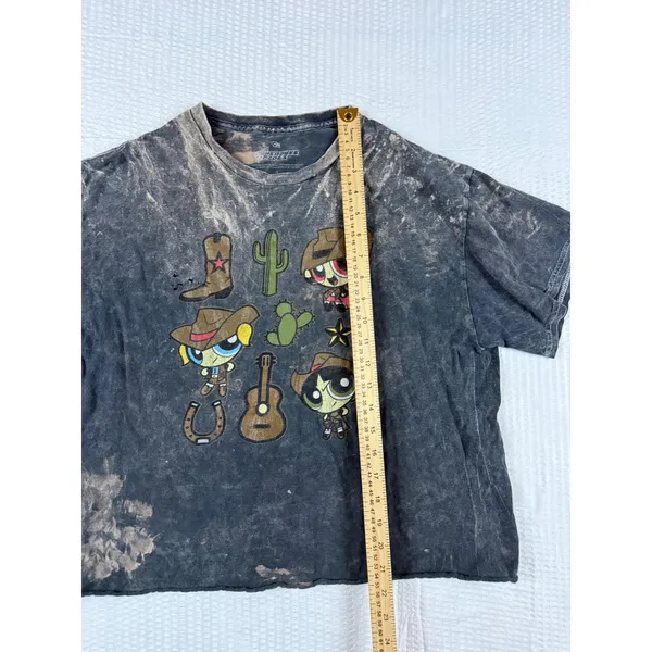 Cartoon Network Powerpuff Girls Western Cowboy Acid Wash Cropped Graphic T-Shirt Large Gray - Image 3