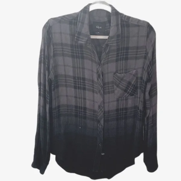 RAILS Hunter Charcoal Jet Dip Dye Plaid Button Down Shirt S Small Flannel Grunge - Image 7