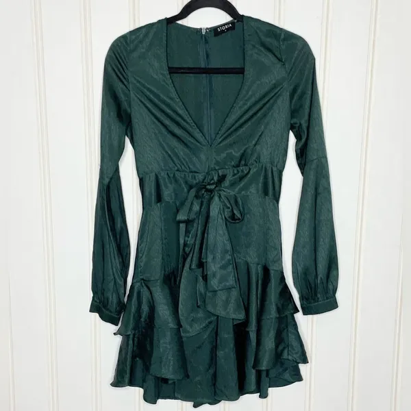 Storia Emerald Green Jacquard V-Neck Ruffle Mini Dress Small 857 - Image 2