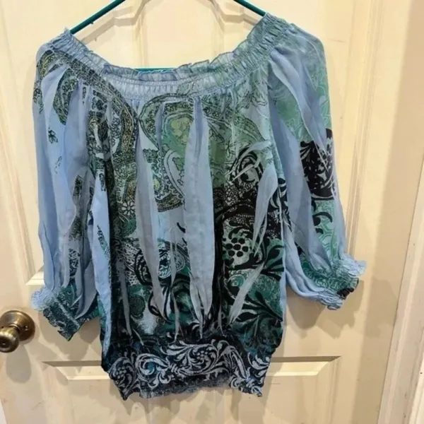 CATO Size Small Blue Green Black‎ Lightweight Flowy Boho Hippie Shirt - Image 5