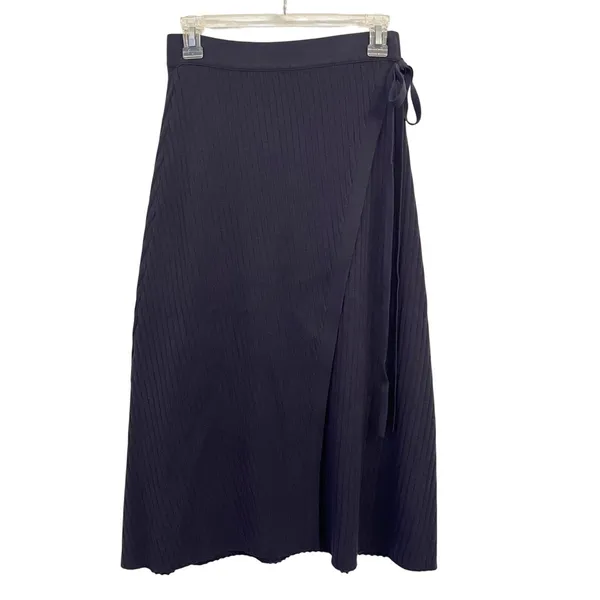 Pari Desai Wrap Midi Skirt M Ribbed Knit Academia Office Preppy $365 Navy Blue - Image 2