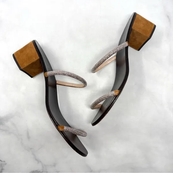 Giuseppe Zanotti Suede Rhinestone Minimalist Mule Sandal Heels Brown 40 - Image 6