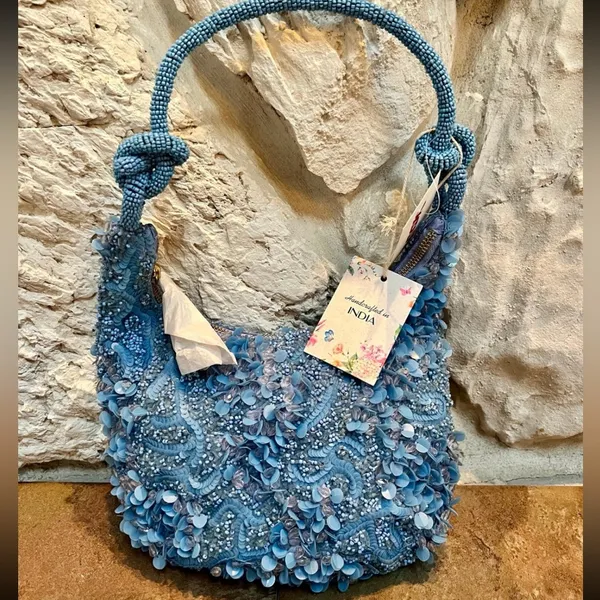 NWT tj maxx marshall’s blue sequin beaded purse floral bead shoulder bag - Image 2