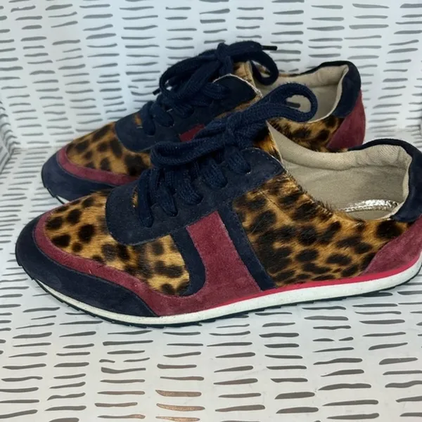 Boden‎ Womens Leopard Calf Hair Suede Sneakers Brown Navy Burgundy Lace Up 37/6 - Image 2