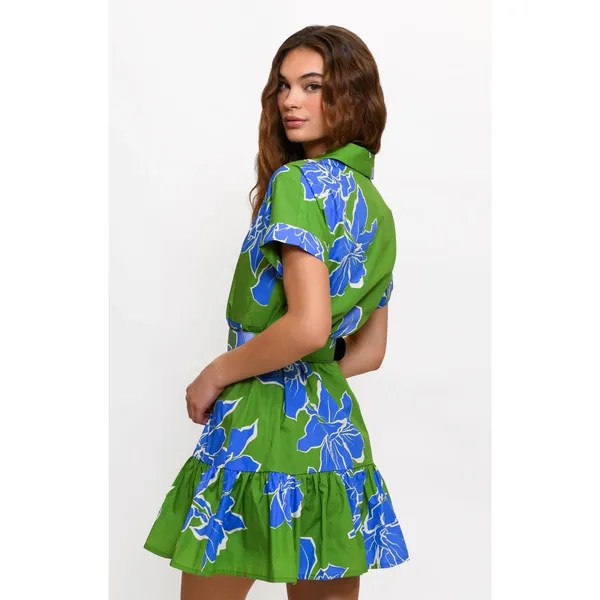 Hutch‎ Green Blue Floral Belted Mini Shirt Dress NWT XS Short Sleeve Ruffle Hem - Image 3
