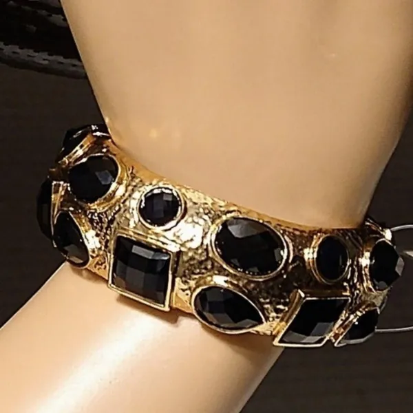 Amrita Singh Shelter Island gold hammered brass and black beveled stones bangle bracelet. NWT - Image 2