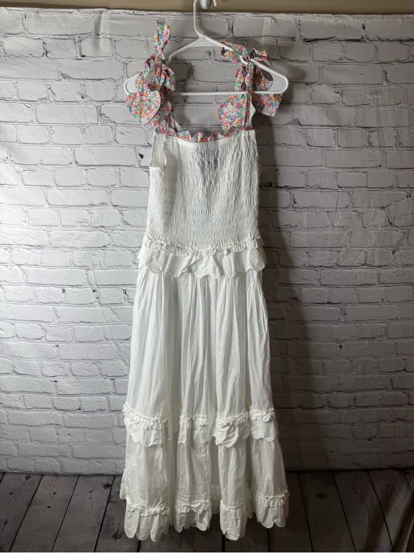 Horror Vacui White Maxi Sundress with Floral Tie Straps small - Image 2