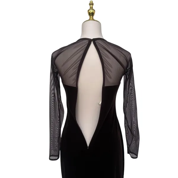 VTG 90s‎ Cache Velvet Beaded Evening Gown XS Brown Sheer Mesh Maxi FairyGrunge - Image 7