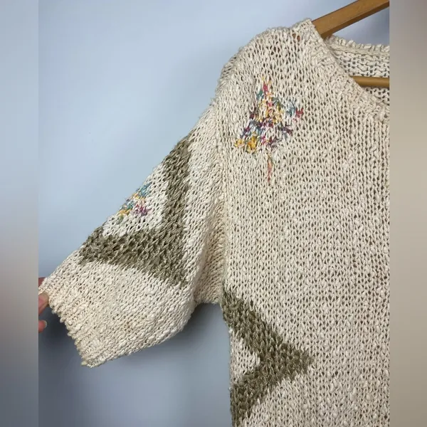 Vintage Counterparts Cream Green Hand Knit Short Sleeve Sweater Top‎ - Image 2