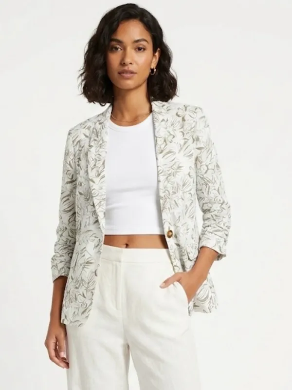 Briggs New York Tropical Leaf Print Linen-Blend Blazer Size M Sage Green - Image 15