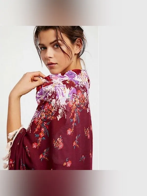 Intimately Free People Bali Wrapped in Blooms Shawl Kimono Burgundy Floral OS - Image 9