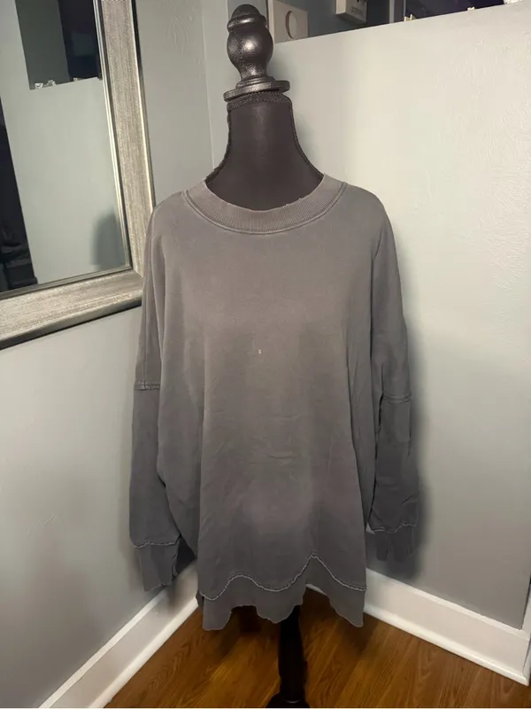 Aerie Oversized Distressed Crewneck Sweatshirt Grey Medium - Image 2