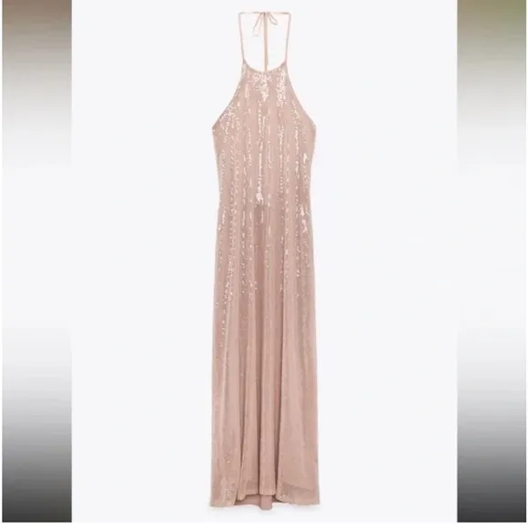 ZARA NWOT Sequin Long Open Back‎ Halter Dress Size Medium - Image 2