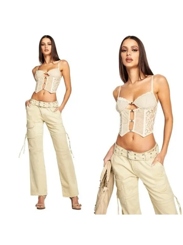 NWT I.AM.GIA Elena Top S Tan Ivory Lace Corset Sheer Crop Burnout Cut Out Velvet - Image 4