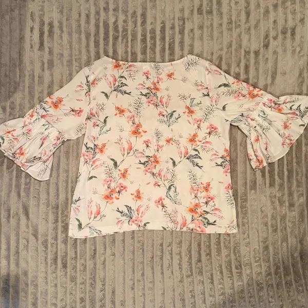 Tabitha Webb Floral Tiered Ruffle Bell Sleeve Blouse Cream Pink Orange Large‎ - Image 7