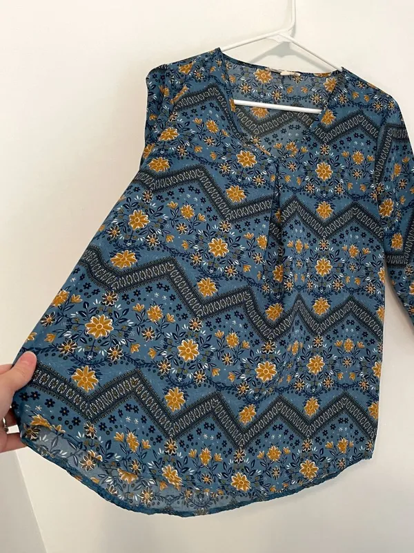 PINK ROSE Blue Mustard Navy Floral Chevron 3/4 Sleeve Roll Tab Sleeve Blouse Top - Image 7