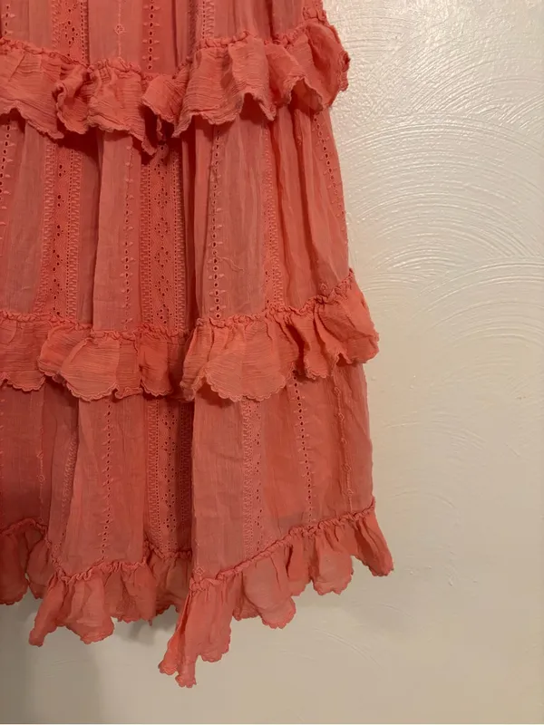 Sézane Paris Coral Tiered Eyelet Mini Dress Size 34 XS Tie Shoulder Ruffle - Image 7