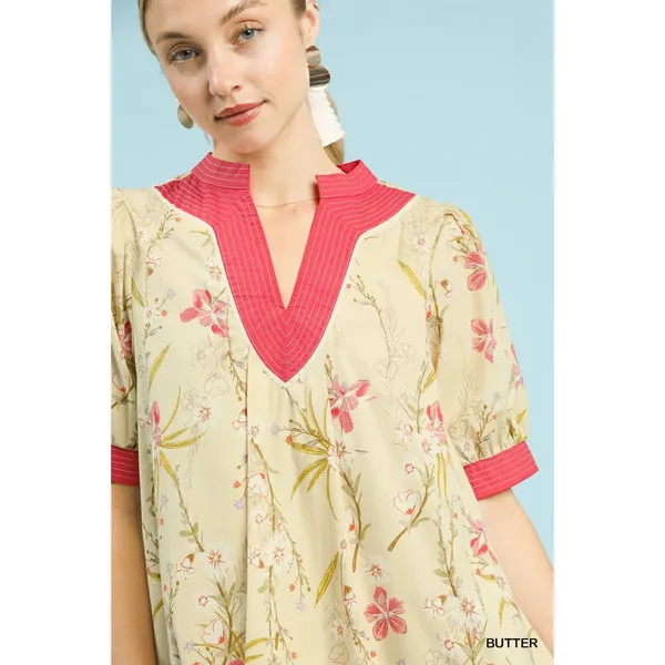 Umgee Floral Puff Sleeve Dress with‎ Contrast Trim - Butter - Small - Image 6