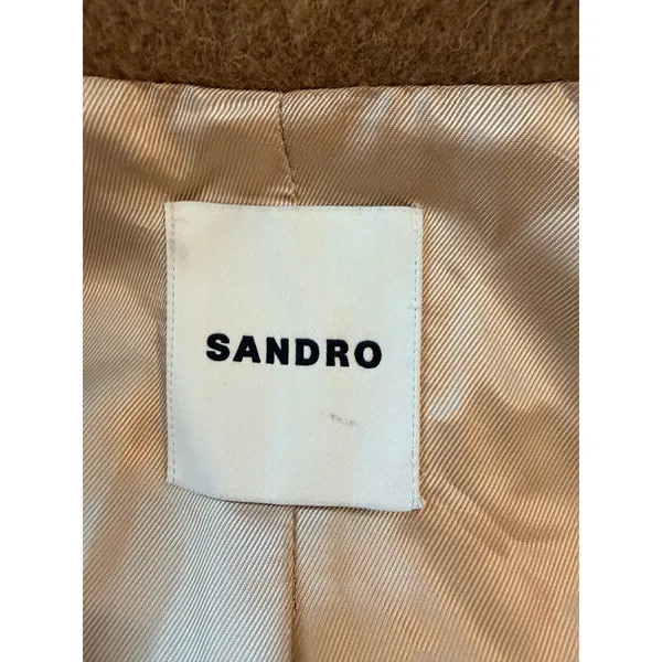 Sandro Straight Cut Brushed Wool Coat Double Breasted Long Camel Brown 36 S - Image 4