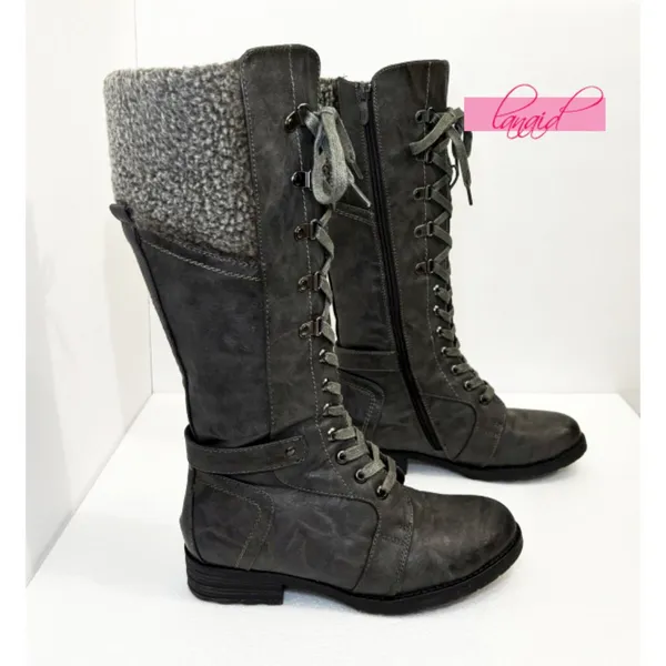 Spring Step Snowball Boots Grey Lace-Up Tall Knee-High Vegan Leather Flat Low 37 - Image 6