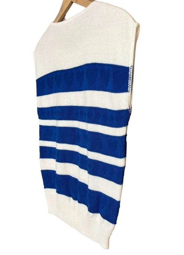 Sweater Bazaar Vintage 80s Blue & White Striped Heart Sleeveless Sweater Tee - Image 5