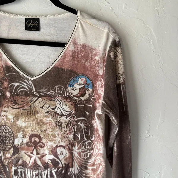 Katina Marie Shirt Large Brown Western Cowgirls‎ Graphic Long Sleeve USA Grunge - Image 2