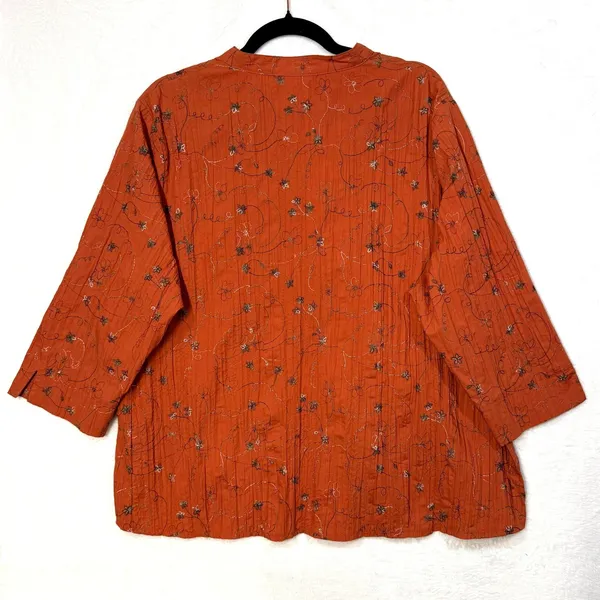 Dressbarn 3X Orange Floral Embroidered Button Up‎ Blouse V-Neck Boho Pintuck - Image 5